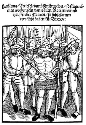 Die Titelseite eines Flugblattes von 1525, enthält die zwölf Artikel der Bauern, Bauernkrieg, Deutschland, historisches Bild oder Illustration, veröffentlicht 1890, digital verbessert The title page of a flyer, pamphlet from 1525, contains the twelve articles of the peasants, Farm war, Germany, historical image or illustration, published 1890, digital improved