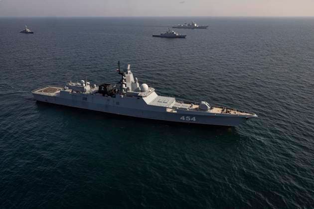 March 17, 2023, UNDEFINED, UNDEFINED, Iran: A handout photo made available by the Iranian Army shows Admiral Gorshkov s class frigate of the Russian Navy Admiral Flota Sovetskogo Soyuza Gorshkov (front) during a joint military drill of Iranian, Russian, and Chinese warships in the Gulf of Oman, south of Iran, 17 March 2023. Iran, China, and Russia started joint naval military drills in the Gulf of Oman on 17 March 2023 for two days, according to the Iranian Army. UNDEFINED Iran - ZUMAi98_ 20230317_zih_i98_007 Copyright: xIranianxArmyxOfficex