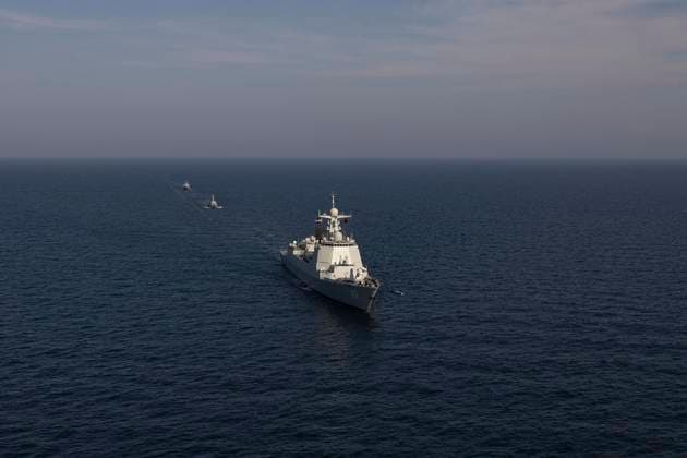 March 17, 2023, UNDEFINED, UNDEFINED, Iran: A handout photo made available by the Iranian Army shows China s guided-missile destroyer Nanning (front) during a joint military drill of Iranian, Russian, and Chinese warships in the Gulf of Oman, south of Iran, 17 March 2023. Iran, China, and Russia started joint naval military drills in the Gulf of Oman on 17 March 2023 for two days, according to the Iranian Army. UNDEFINED Iran - ZUMAi98_ 20230317_zih_i98_011 Copyright: xIranianxArmyxOfficex