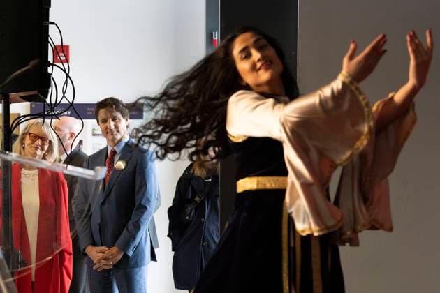 March 18, 2023, Aurora, ON, Canada: Prime Minister Justin Trudeau watches Sherry Shariat perform a Persian dance to celebrate womens freedom, as he attends a Nowruz celebration with members of the Persian community, in Aurora, Ont., on Saturday, March 18, 2023. Aurora Canada - ZUMAc35_ 20230318_zaf_c35_065 Copyright: xChrisxYoungx