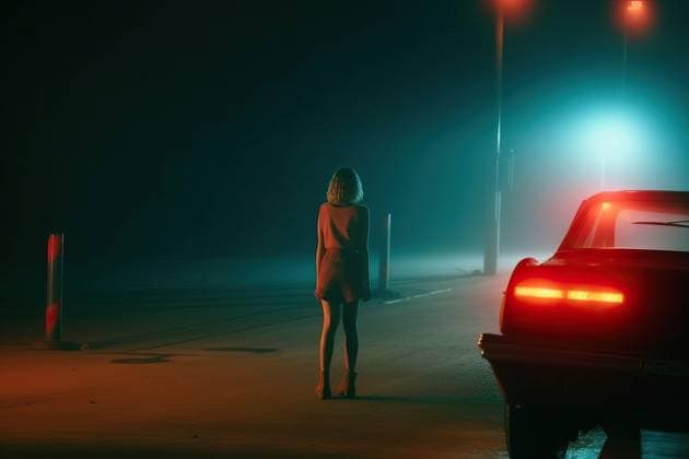 AI GENERATED IMAGE Back view of unrecognizable woman in warm clothes standing on abandoned road near car with red lights. Generative AI, Property released Airtista_ID13426_409058_035 Copyright: xAirtistax Model Released