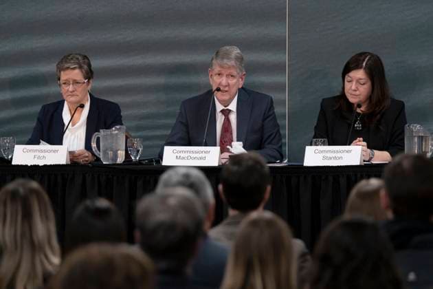 March 30, 2023, Truro, NS, Canada: From left to right, commissioners Leanne Fitch, Michael MacDonald, chair, and Kim Stanton deliver the final report of the Mass Casualty Commission inquiry into the mass murders in rural Nova Scotia in Truro, N.S. on Thursday, March 30, 2023. Truro Canada - ZUMAc35_ 20230330_zaf_c35_022 Copyright: xDarrenxCalabresex