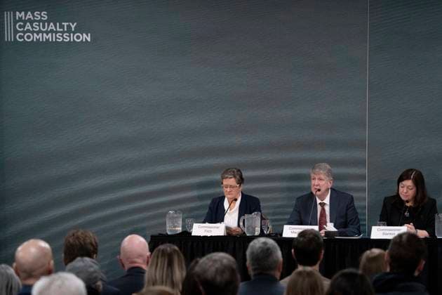 March 30, 2023, Truro, NS, Canada: From left to right, commissioners Leanne Fitch, Michael MacDonald, chair, and Kim Stanton deliver the final report of the Mass Casualty Commission inquiry into the mass murders in rural Nova Scotia in Truro, N.S. on Thursday, March 30, 2023. Truro Canada - ZUMAc35_ 20230330_zaf_c35_023 Copyright: xDarrenxCalabresex