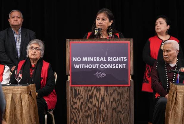 April 3, 2023, VANCOUVER, BC, CANADA: Gitxaala Nation Chief Councillor Linda Innes, centre, pauses while speaking during a news conference before marching to B.C. Supreme Court in Vancouver, B.C., Monday, April 3, 2023. The British Columbia First Nation challenging the province over an online registry it uses to automatically grant mineral rights is very hopeful the B.C. Supreme Court will side with it following a two-week hearing in Vancouver, its chief councillor says. VANCOUVER CANADA - ZUMAc35_ 20230403_zaf_c35_068 Copyright: xDarrylxDyckx