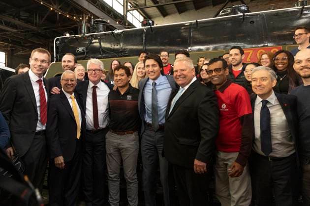April 21, 2023, St. Thomas, ON, Canada: Prime Minister Justin Trudeau, centre, and Ontario Premier Doug Ford, centre right, with Frank Blome, third left, CEO of PowerCo SE, pose for photos after a news conference announcing the construction of an electric vehicle battery production plant by Volkswagen GroupöÄÃ s battery company PowerCo SE in St. Thomas, Ontario Friday, April 21, 2023. St. Thomas Canada - ZUMAc35_ 20230421_zaf_c35_085 Copyright: xTaraxWaltonx