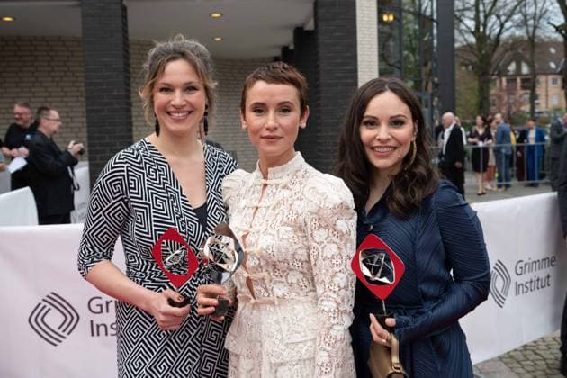 Grimmepreis fuer NEULAND; v.l. Franziska Hartmann, Schauspielerin, Mina Tander, Schauspielerin, Peri Baumeister, Schauspielerin, Roter Teppich, Red Carpet Show, Ankunft, arrival, 59. Verleihung des Adolf-Grimme-Preises Adolf-Grimme-Preis Grimmepreis in Marl, 21.04.2023. o¥Â