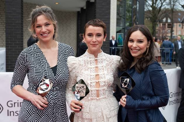 Grimmepreis fuer NEULAND; v.l. Franziska Hartmann, Schauspielerin, Mina Tander, Schauspielerin, Peri Baumeister, Schauspielerin, Roter Teppich, Red Carpet Show, Ankunft, arrival, 59. Verleihung des Adolf-Grimme-Preises Adolf-Grimme-Preis Grimmepreis in Marl, 21.04.2023. o¥Â