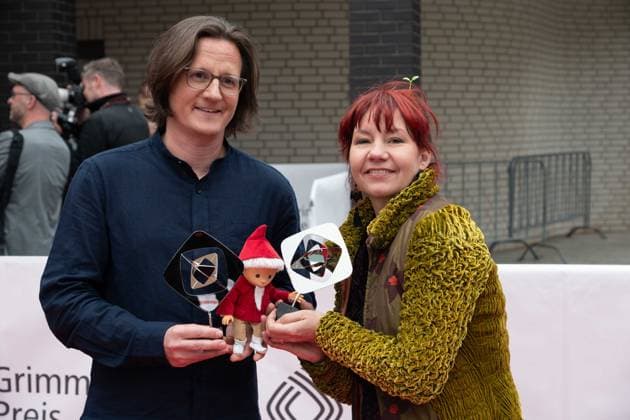 Grimmepreis fuer UNSER SANDMAENNCHEN, Stefan SCHOMERUS, Regie, und Tine KLUTH, Animation, Roter Teppich, Red Carpet Show, Ankunft, arrival, 59. Verleihung des Adolf-Grimme-Preises Adolf-Grimme-Preis Grimmepreis in Marl, 21.04.2023. o¥Â