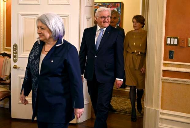 April 23, 2023, Ottawa, ON, CAN: Frank-Walter Steinmeier, President of the Federal Republic of Germany, arrives for a meeting with Governor General of Canada Mary Simon , left, at Rideau Hall in Ottawa on Sunday, April 23, 2023. Ottawa CAN - ZUMAc35_ 20230423_zaf_c35_004 Copyright: xJustinxTangx