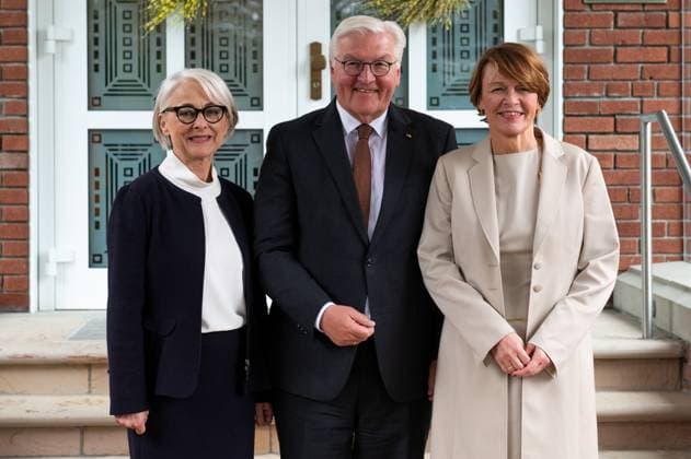 April 24, 2023, Ottawa, ON, Canada: Ambassador of Germany to Canada, Sabine Sparwasser, left, greets German President Frank-Walter Steinmeier, center, and his wife Elke Bo¼denbender at the official residence of the German Ambassador to Canada during an official visit in Ottawa, on Monday, April 24, 2023. Ottawa Canada - ZUMAc35_ 20230424_zaf_c35_074 Copyright: xSpencerxColbyx