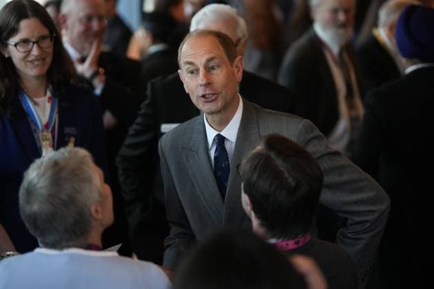 April 27, 2023, VANCOUVER, BC, CANADA: Prince Edward, Duke of Edinburgh, talks with award recipients during a reception after presenting Duke of Edinburgh Gold Awards of Achievement to youth, in Vancouver, on Thursday, April 27, 2023. VANCOUVER CANADA - ZUMAc35_ 20230427_zaf_c35_109 Copyright: xDarrylxDyckx