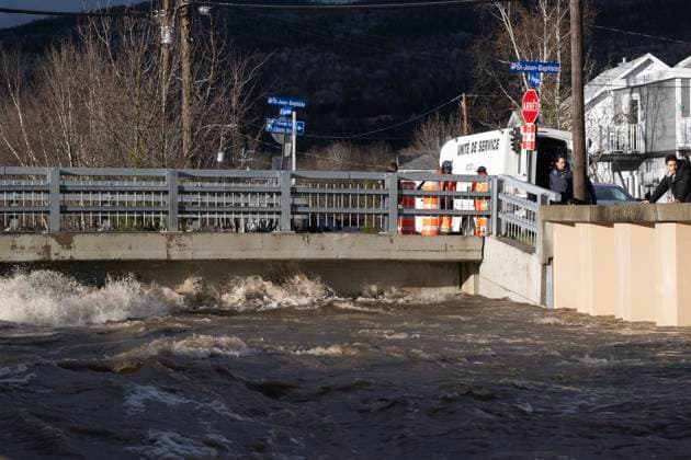 May 1, 2023, BAIE SAINT-PAUL, PQ, CANADA: A city bridge is blocked as flooding continues in the area on Monday, May 1, 2023 in Baie-Saint-Paul, Quebec. In Baie-St-Paul, Que., around 90 kilometres northeast of the provincial capital, the mayor declared a state of emergency due to heavy rains that washed away roads and isolated homes. BAIE SAINT-PAUL CANADA - ZUMAc35_ 20230501_zaf_c35_097 Copyright: xJacquesxBoissinotx