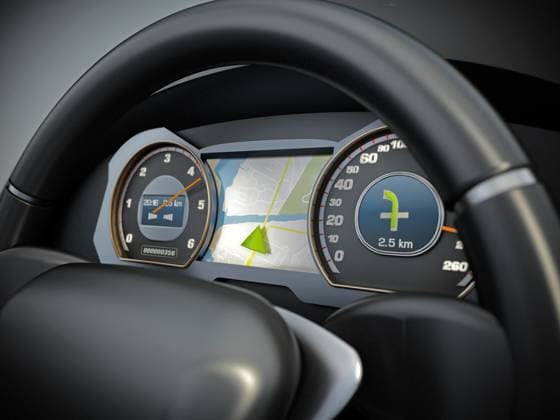 Modern sports car steering wheel and cocpit with navigation screen. 3D illustration Modern sports car steering wheel and cocpit with navigation screen. 3D illustration. Copyright: xZoonar.com CigdemxSimsekx 19849857