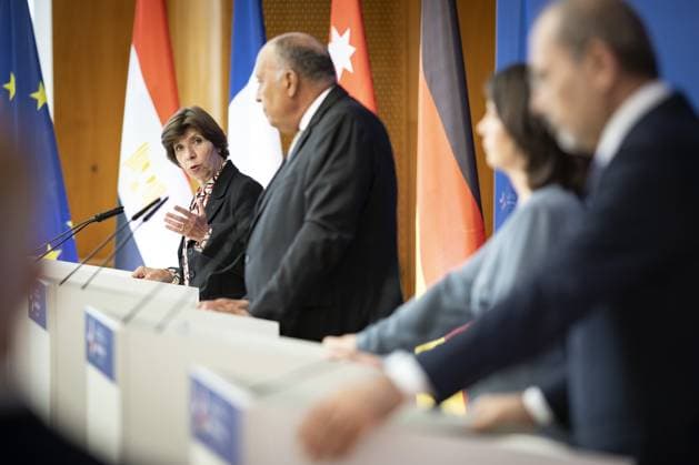 Annalena Baerbock, Bundesaussenministerin, laedt zu Kleeblatt-Treffen nach Berlin ein. Hier aufgenommen bei einer Pressekonferenz nach dem gemeinsamen Gespraech (L-R): Catherine Colonna, Aussenministerin von Frankreich, Sameh Shoukry, Aussenminister von Aegypten, Annalena Baerbock, Bundesaussenministerin, und Ayman Safadi , Aussenminister von Jordanien. Berlin, 11.05.2023. Berlin Deutschland