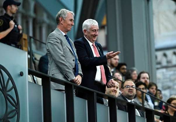 May 30, 2023, Ottawa, ON, CAN: Sir Lindsay Hoyle, right, Speaker of the House of Commons of the United Kingdom, and Deputy Speaker Nigel Evans, left, rise as they are recognized by Speaker of the House of Commons Anthony Rota, not shown, at the end of Question Period in the House of Commons on Parliament Hill in Ottawa on Tuesday, May 30, 2023. Ottawa CAN - ZUMAc35_ 20230530_zaf_c35_064 Copyright: xJustinxTangx