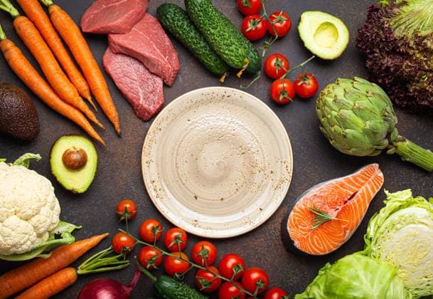 Assorted food raw products: vegetables, beef meat, fish salmon and empty plate in centre, dark rustic brown stone table top view copy space. Healthy food concept, ingredients for balanced diet Assorted food raw products: vegetables, beef meat, fish salmon and empty plate in centre, dark rustic brown stone table top view copy space. Healthy food background, ingredients for balanced diet Copyright: xZoonar.com OlenaxYeromenkox 20147107
