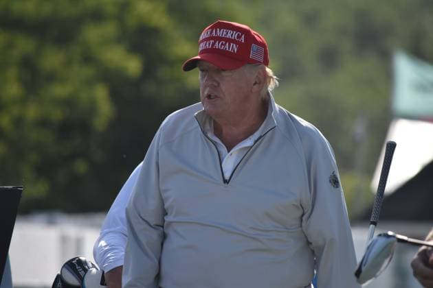 May 25, 2023, Sterling, Virginia, United States: Former President of the United States Donald J. Trump says hello to the spectators during the Pro-Am round of LIV Golf. Former President of the United States Donald J. Trump played golf in the LIV Golf Washington DC Pro-Am Round at Trump National Golf Club Washington DC in Sterling, Virginia, United States on May 25, 2023. Sterling United States - ZUMAs197 20230525_zaa_s197_093 Copyright: xKylexMazzax
