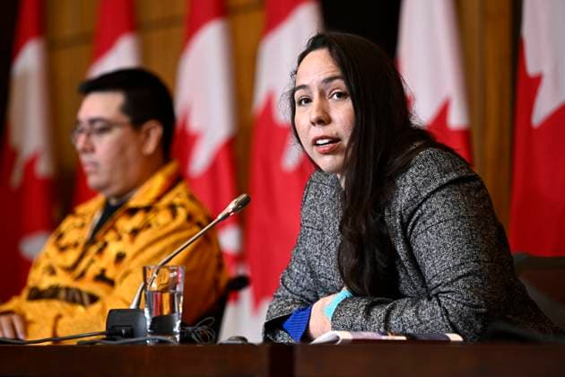 June 20, 2023, Ottawa, ON, CAN: Grand Chief Savanna McGregor of the Algonquin Anishinabeg Nation Tribal Council speaks as Chief Dylan Whiteduck of Kitigan Zibi Anishinabeg First Nation, left, listens, during a news conference on the opposition to a planned radioactive waste dump near the Ottawa River at the Chalk River Laboratories, in Ottawa, on Tuesday, June 20, 2023. Ottawa CAN - ZUMAc35_ 20230620_zaf_c35_015 Copyright: xJustinxTangx
