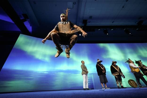 July 10, 2023, VANCOUVER, BC, CANADA: Coast Salish peoples from the Musqueam, Squamish and Tsleil-Waututh First Nations perform a welcome song and dance during the opening ceremony at the LNG2023 conference, in Vancouver, B.C., Monday, July 10, 2023. VANCOUVER CANADA - ZUMAc35_ 20230710_zaf_c35_129 Copyright: xDarrylxDyckx