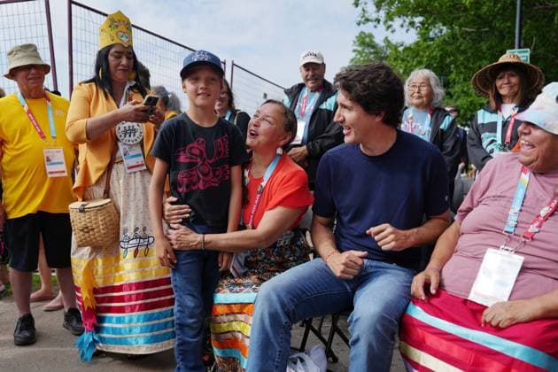 July 17, 2023, Halifax, NS, Canada: Prime Minister Justin Trudeau, second from right, and his son Hadrien, third from left, are greeted prior to Canoe Kayak competition at the North American Indigenous Games 2023 in Halifax, N.S. on Monday, July 17, 2023. Halifax Canada - ZUMAc35_ 20230717_zaf_c35_065 Copyright: xDarrenxCalabresex