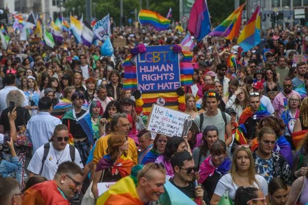 July 22, 2023, Berlin, Germany: People march with pride flags and placards during the pride parade. Berlin Christopher Street Day (CSD Berlin) or Berlin Pride Parade is an annual demonstration in Berlin for the rights of LGBT+ people. Berlin Germany - ZUMAs197 20230722_zab_s197_047 Copyright: xYauhenxYerchakx