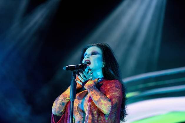 August 8, 2023, Sitges, Barcelona, Spain: Singer Alaska from the group Fangoria performs at the Jardins de Terramar Festival in Sitges. The Spanish-Mexican singer Alaska, the singer of the Fangoria group, performed at the Jardins de Terramar Festival in Sitges in front of 2,500 people. Maria del Olvido Gara Jova (Mexico City, June 13, 1963), better known by her stage name Alaska, is a Spanish-Mexican singer, actress, composer, television presenter, businesswoman, writer, producer, and DJ. Sitges Spain - ZUMAs197 20230808_aaa_s197_063 Copyright: xRamonxCostax