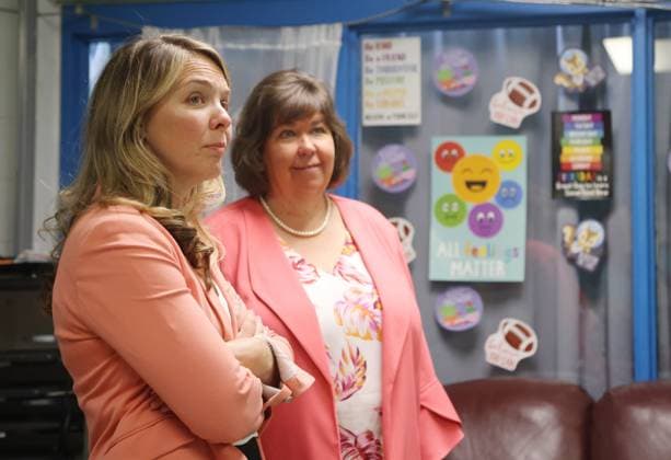 August 17, 2023, Ottawa, ON, Canada: Minister of Families, Children and Social Development, Jenna Sudds, left, and Anita Vandenbeld, Member of Parliament for Ottawa West-Nepean, tour the Boys and Girls Club before making an announcement about the Community Services Recovery Fund to help organizations in their post-pandemic recovery in Ottawa on Thursday, August 17, 2023. Ottawa Canada - ZUMAc35_ 20230817_zaf_c35_009 Copyright: xPatrickxDoylex