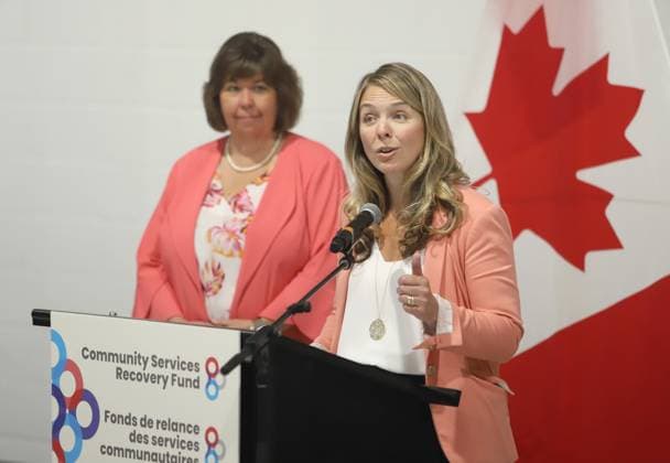 August 17, 2023, Ottawa, ON, Canada: Minister of Families, Children and Social Development, Jenna Sudds, right, and Anita Vandenbeld, Member of Parliament for Ottawa West-Nepean, make an announcement about the Community Services Recovery Fund to help organizations in their post-pandemic recovery at the Boys and Girls Club in Ottawa on Thursday, August 17, 2023. Ottawa Canada - ZUMAc35_ 20230817_zaf_c35_012 Copyright: xPatrickxDoylex