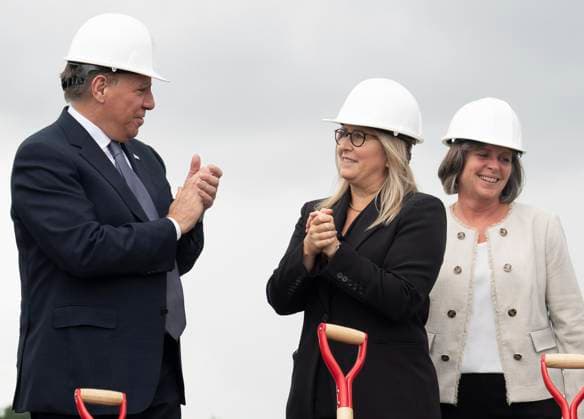 August 17, 2023, BECANCOUR, PQ, Canada: Quebec Premier Francois Legault, speaks with Lisa Drake, centre, Ford vice-president of EV Industrialization for Ford Model e, and Ford Canada president and CEO Bev Goodman following a ground breaking ceremony on the construction site of the new Ford manufacturing plant in Becancour, Que., Thursday, Aug.17, 2023. BECANCOUR Canada - ZUMAc35_ 20230817_zaf_c35_032 Copyright: xChristinnexMuschix