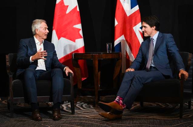 September 16, 2023, Montreal, PQ, Canada: Prime Minister Justin Trudeau, right, takes part in a bilateral meeting with Tony Blair, Former Prime Minister of the United Kingdom and Executive Chairman of the Tony Blair Institute for Global Change, at the Global Progress Action Summit in Montreal, Saturday, September 16, 2023. Montreal Canada - ZUMAc35_ 20230916_zaf_c35_063 Copyright: xGrahamxHughesx