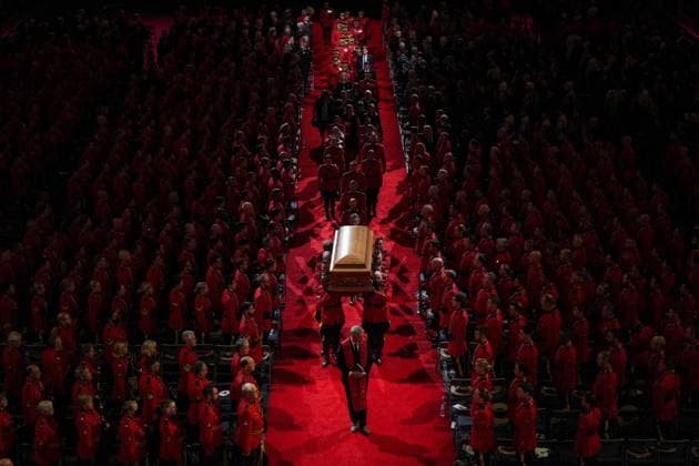 October 4, 2023, LANGLEY, BC, CANADA: Pallbearers carry RCMP Const. Rick O Brien s casket after a regimental funeral in Langley, B.C., on Wednesday, October 4, 2023. O Brien, 51, was killed last month while executing a search warrant at a home in Coquitlam. LANGLEY CANADA - ZUMAc35_ 20231004_zaf_c35_096 Copyright: xDarrylxDyckx