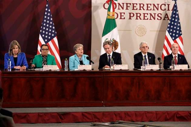 October 5, 2023, Mexico City, Mexico: The Foreign Minister of Mexico, Alicia Barcena, and the Secretary of State of the United States, Antony Blinken, chair the press conference within the framework of the High Level Security Dialogue Mexico - United States accompanied by Rosa Icela Rodriguez, Secretary of Federal Security; Merrick Garland, US Attorney General; Alejandro Mayorkas, Secretary of US Homeland Security and Elizabeth Sherwood-Randall, Presidential Advisor for US Homeland Security, at an event at the National Palace in Mexico City. on October 5, 2023 in Mexico City, Mexico Mexico City Mexico - ZUMAe321 20231005_zia_e321_040 Copyright: xLuisxBarronx