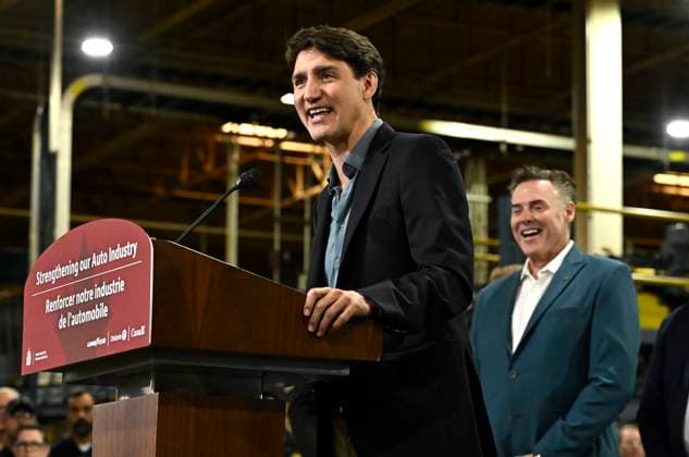 August 12, 2024, Napanee, On, CAN: Prime Minister Justin Trudeau speaks during an announcement at the Goodyear plant in Napanee, Ont., with Mark Stewart, right, Chief Executive Officer and President of Goodyear, on Monday, Aug. 12, 2024. Napanee CAN - ZUMAc35_ 20240812_zaf_c35_006 Copyright: xJustinxTangx