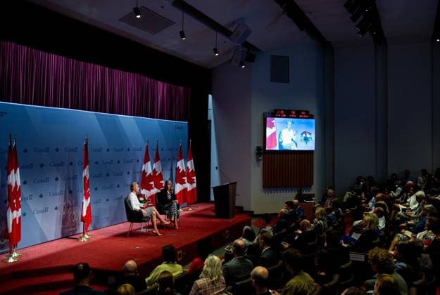 September 17, 2024, Ottawa, On, Canada: Melanie Joly Minister of Foreign Affairs, right, takes part in a fireside chat with Yulia Navalnaya, widow of Russian opposition leader and activist Alexei Navalny at Global Affairs Canada (GAC) in Ottawa, on Tuesday, Sept. 17, 2024. Ottawa Canada - ZUMAc35_ 20240917_zaf_c35_112 Copyright: xSpencerxColbyx