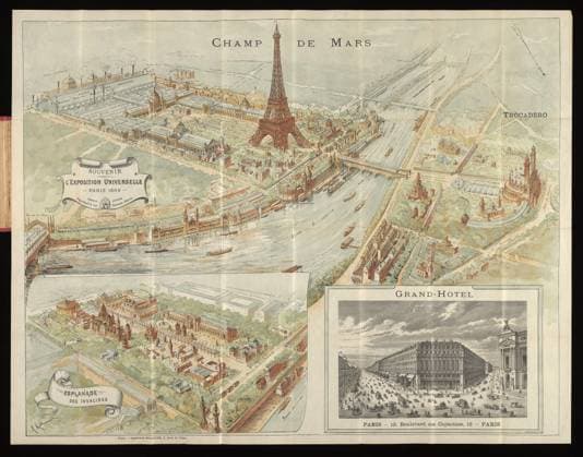 RECORD DATE NOT STATED Souvenir de l Exposition universelle, Paris, 1889, 1889. 1889 Main section, entitled Champ de Mars, occupies upper two-thirds of sheet and shows main exposition area around the Eiffel Tower; it is oriented with north toward bottom. An inset at lower left, entitled Esplanade des Invalides, is signed by A. Karl. Both these sections, printed green, blue, brown and black, show labelled exposition halls. A second inset at lower right is printed black on white and bears a perspective view of the Grand Hotel at 12, Boulevard des Capucines; it is signed by Gillot as engraver. Dessin dà posà . Proprià tà du Grand Hotel.. The folded sheet is mounted on p. 3 of cover (in red cloth, stamped in black and gilt). Scale not given. Copyright: xpiemagsx piemagsrmnb13020224-1862 !ACHTUNG AUFNAHMEDATUM GESCHÄTZT!