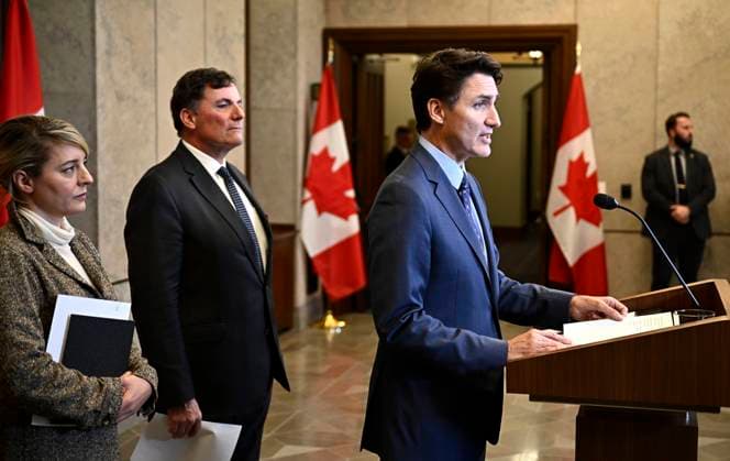 October 14, 2024, Ottawa, On, CAN: Prime Minister Justin Trudeau, right, Minister of Public Safety, Democratic Institutions and Intergovernmental Affairs Dominic LeBlanc, centre, and Minister of Foreign Affairs Melanie Joly participate in a news conference on the investigative efforts related to violent criminal activity occurring in Canada with connections to India, on Parliament Hill in Ottawa, on Monday, Oct. 14, 2024. Ottawa CAN - ZUMAc35_ 20241014_zaf_c35_045 Copyright: xJustinxTangx