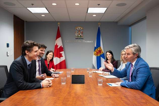 December 9, 2024, Halifax, Ns, Canada: Prime Minister Justin Trudeau, left, Minister of Housing, Infrastructure and Communities Sean Fraser, second from left, meet with Nova Scotia Premier Tim Houston, right, in Halifax on Monday, December 9, 2024. Halifax Canada - ZUMAc35_ 20241209_zaf_c35_005 Copyright: xDarrenxCalabresex