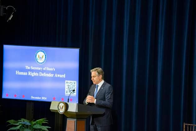 Secretary Of State Antony J. Blinken Will Deliver remarks Secretary™s Human Rights Defender Award Ceremony On December 10, 2024, in Washington, D.C., United States, Secretary of State Antony J. Blinken delivers remarks at the Secretary s Human Rights Defender Award Ceremony at the Department of State. The Secretary is joined by Under Secretary of State for Civilian Security, Democracy, and Human Rights Uzra Zeya and Assistant Secretary of State for Democracy, Human Rights, and Labor Dafna Rand. The award recipients from Azerbaijan, Bolivia, Burma, Colombia, Eswatini, Ghana, Kuwait, and the Kyrgyz Republic demonstrate leadership, courage, and impact in the promotion of human rights. Washington DC United States Copyright: xAndrewxThomasx originalFilename: thomas-notitle241210_npLAb.jpg