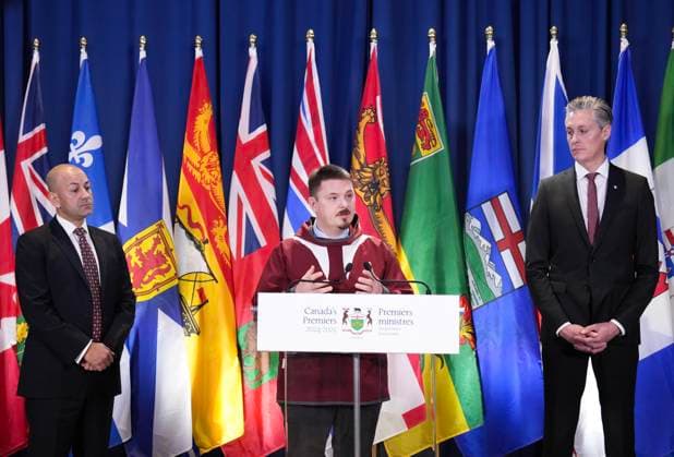December 16, 2024, Toronto, On, CANADA: P.J. Akeeagok, centre, Premier of Nunavut speaks to the media as Ranj Pillai, left, Premier of Yukon and R.J. Simpson, Premier of Northwest Territories listen during the fall meetings of Canada s premiers hosted by Ontario in Toronto on Monday, December 16, 2024. Toronto CANADA - ZUMAc35_ 20241216_zaf_c35_006 Copyright: xNathanxDenettex