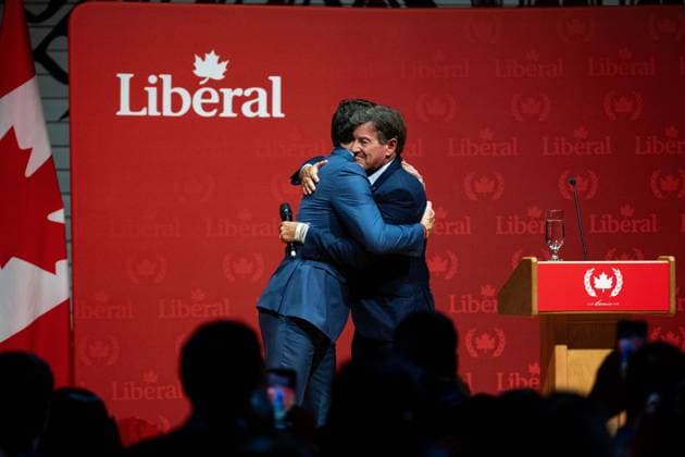 December 16, 2024, Gatineau, Pq, Canada: Prime Minister Justin Trudeau, left, hugs Canadian businessperson and philanthropist Stephen Bronfman after speaking during a Laurier Club Holiday Party event in Gatineau, Que., on Monday, Dec. 16, 2024. Gatineau Canada - ZUMAc35_ 20241216_zaf_c35_188 Copyright: xSpencerxColbyx