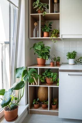 IMAGO Creative, Architektur, Zukunftsmodell Tiny flats Hausgarten mit Grünpflanzen scindapsus, monstera, pilea, epipremnum in Töpfen auf Regalen. Green plants scindapsus, monstera, pilea, epipremnum in pots on shelves. Home garden in flat. Gardening hobby, greenery, planting concept. Growing domestic flowers in modern interior near window. Copyright: xZoonar.com DmitriixMarchenkox 22743676
