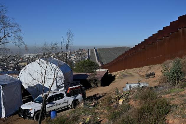 February 26, 2025, Tijuana, Baja California, Mexico: The Mexican National Guard recently mounted a patrol encampment at the US-Mexico border in eastern Tijuana, Baja California, Mexico, on Wednesday, February 26, 2025. The government of Mexico began sending troops at the northern border with the United States in early February as part of a 10,000-member deployment operation to tighten measures against illegal migration and cross border drug smuggling, in which Mexican President Claudia Sheinbaum promised her US counterpart President Donald Trump in exchange for a delay of his tariffs, which have been delayed once again till April 02, 2025. Tijuana Mexico - ZUMAm180 20250226_zip_m180_003 Copyright: xCarlosxA.xMorenox