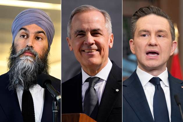March 21, 2025, Ottawa, On, Canada: NDP Leader Jagmeet Singh speaks in Ottawa on January 22, 2025, left to right, Prime Minister Mark Carney speaks in Ottawa on March 14, 2025, and Conservative Leader Pierre Poilievre speaks with media in Ottawa on Monday, Mar 10, 2025. Ottawa Canada - ZUMAc35_ 20250321_zaf_c35_069 Copyright: xJustinxTang AdrianxWyldx