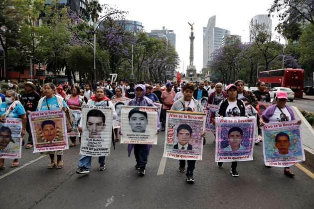March 26, 2025, Mexico City, Cdmx, Mexico: Mothers, fathers, relatives, and classmates of the 43 students from Ayotzinapa, Guerrero, demonstrate on Paseo de la Reforma Avenue to demand that the government of Claudia Sheinbaum resolve the forced disappearance of the students, which occurred 10 years ago; the Mexican Army, the municipal police, and organized crime are being blamed for this incident. Mexico City Mexico - ZUMAp204 20250326_zip_p204_031 Copyright: xJosuexPerezx