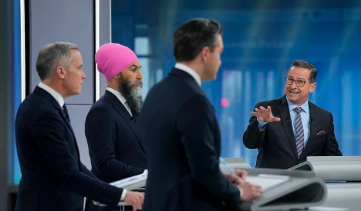 April 17, 2025, Montreal, Quebec, Canada: Liberal Leader Mark Carney, left to right, New Democratic Party Leader Jagmeet Singh, Conservative Leader Pierre Poilievre, and Bloc Quebecois Leader Yves-Francois Blanchet participate in the English-language federal leaders debate in Montreal, Thursday, April 17, 2025. Montreal Canada - ZUMAc35_ 20250417_zaf_c35_202 Copyright: xAdrianxWyldx