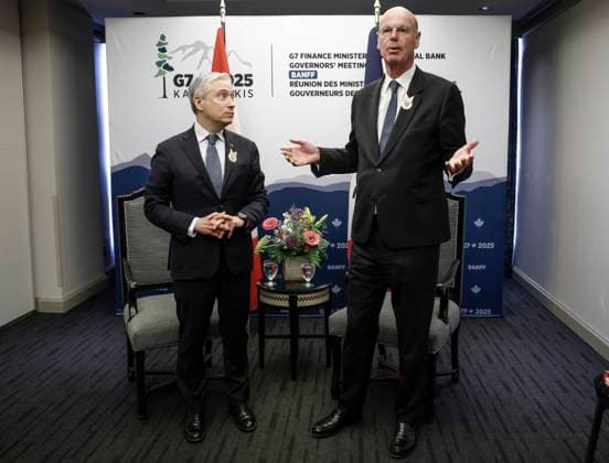 May 21, 2025, Banff, Ab, CANADA: Canada s Finance Minister Francois-Philippe Champagne, left, and France s Minister of Economics and Finance Eric Lombard chat during a bilateral meeting at the G7 Finance Ministers meeting in Banff, Alta., Wednesday, May 21, 2025. Banff CANADA - ZUMAc35_ 20250521_zaf_c35_033 Copyright: xJeffxMcintoshx