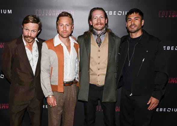 June 7, 2025, West Hollywood, California, USA: (L-R) Creed Garnick, Eric Nelsen, James Landry Hebert and Martin Sensmeier attend the Cottonmouth Los Angeles Premiere. West Hollywood USA - ZUMAb173 20250607_aap_b173_051 Copyright: xBillyxBennightx
