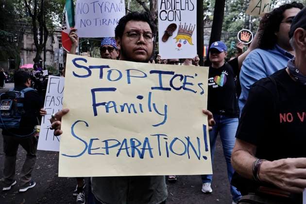 June 14, 2025, Mexico, Cdmx, Mexico: Not only in the Americas are protesting against President Donald Trump, but also abroad, a group of American citizens are taking to the streets of Mexico City toward the United States Embassy to show their disapproval and rejection of the recent violent actions, illegal deportations, and arrests against legal and illegal immigrants in Los Angeles and other sanctuary states. This anti-Trump demonstration is taking place on his birthday, to let him know that he is not a king, that they do not want tyrants, and that they will not celebrate the violence the Trump administration is inflicting on their own people. Mexico Mexico - ZUMAp204 20250614_zip_p204_055 Copyright: xJosuexPerezx
