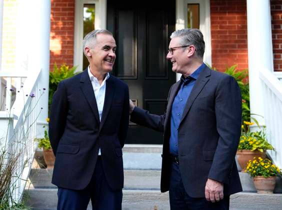 June 14, 2025, Ottawa, On, CANADA: Prime Minister Mark Carney greets Prime Minister of the United Kingdom Kier Starmer, outside his residence at Rideau Cottage in Ottawa, for a visit before the G7 Summit in Kananaskis, Alta., on Saturday, June 14, 2025. Ottawa CANADA - ZUMAc35_ 20250614_zaf_c35_200 Copyright: xJustinxTangx