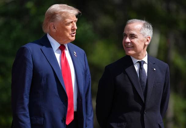 June 16, 2025, Kananaskis, Ab, CANADA: U.S. President Donald Trump, left, and Canadian Prime Minister Mark Carney talk during the official welcoming to the G7 Summit in Kananaskis, Alta., on Monday, June 16, 2025. Kananaskis CANADA - ZUMAc35_ 20250616_zaf_c35_072 Copyright: xDarrylxDyckx